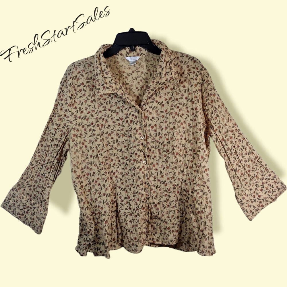 Christopher & Banks XL Yellow Long Bell-Sleeve Floral Print Button Down Blouse